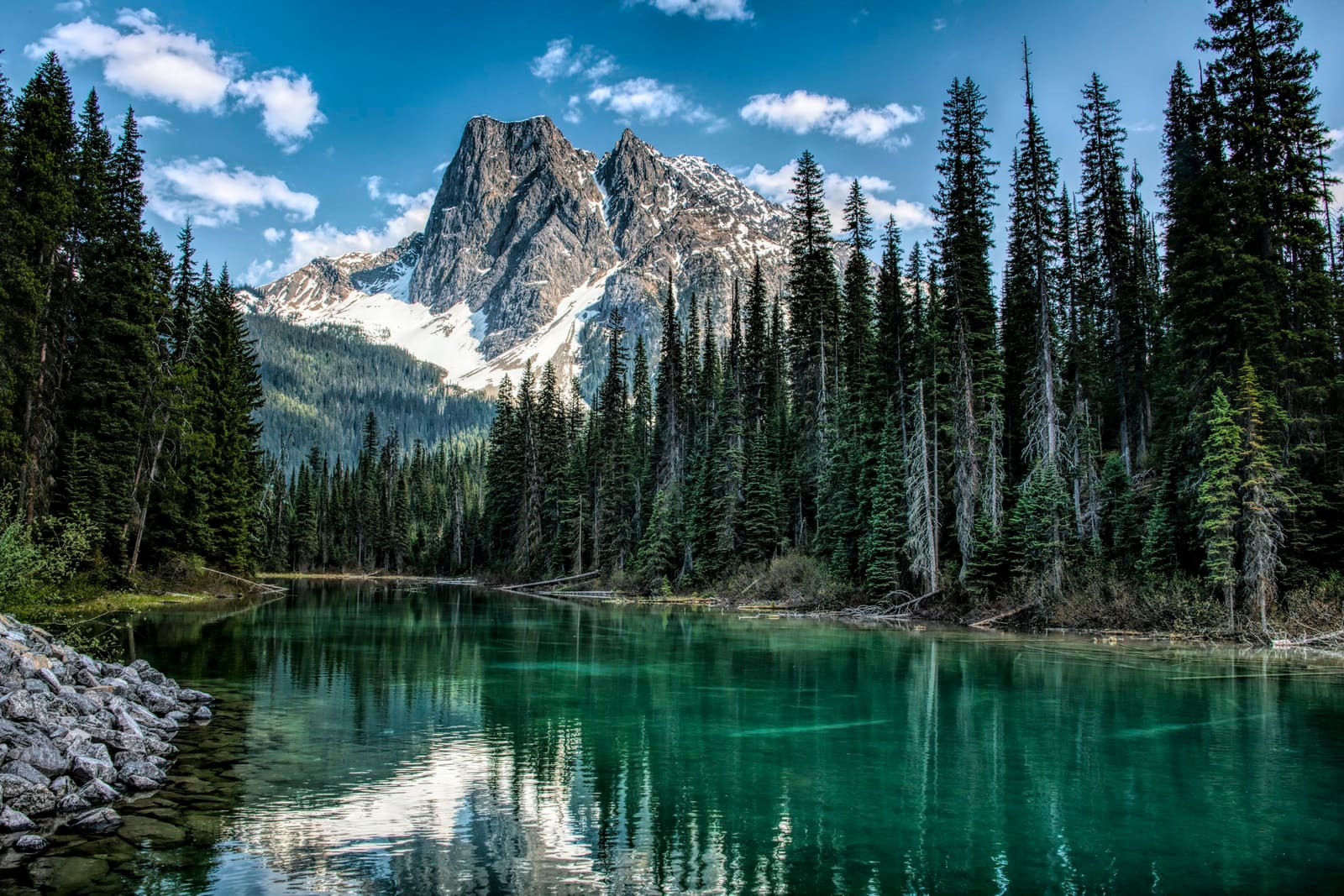 Snow-capped mountain above an emerald lake and evergreen forest